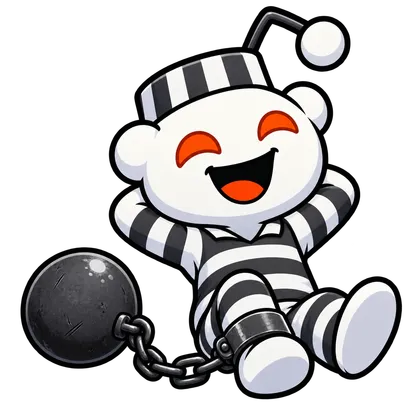Reddit Jail mascot in a prison stripe outfit with a ball and chain